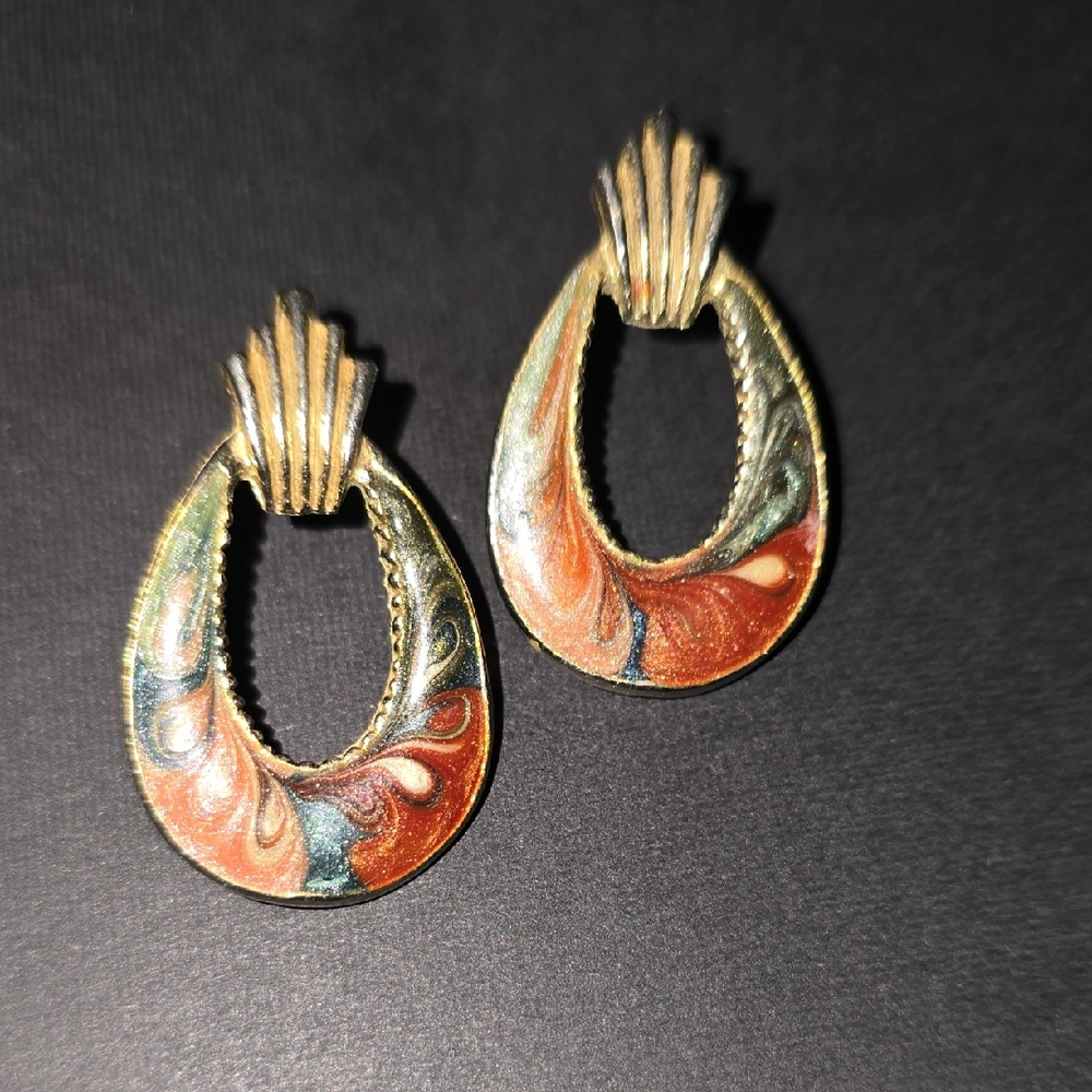 Vintage 80s Swirl Enamel Pierced Gold Tone Earrings Marked Made in USA